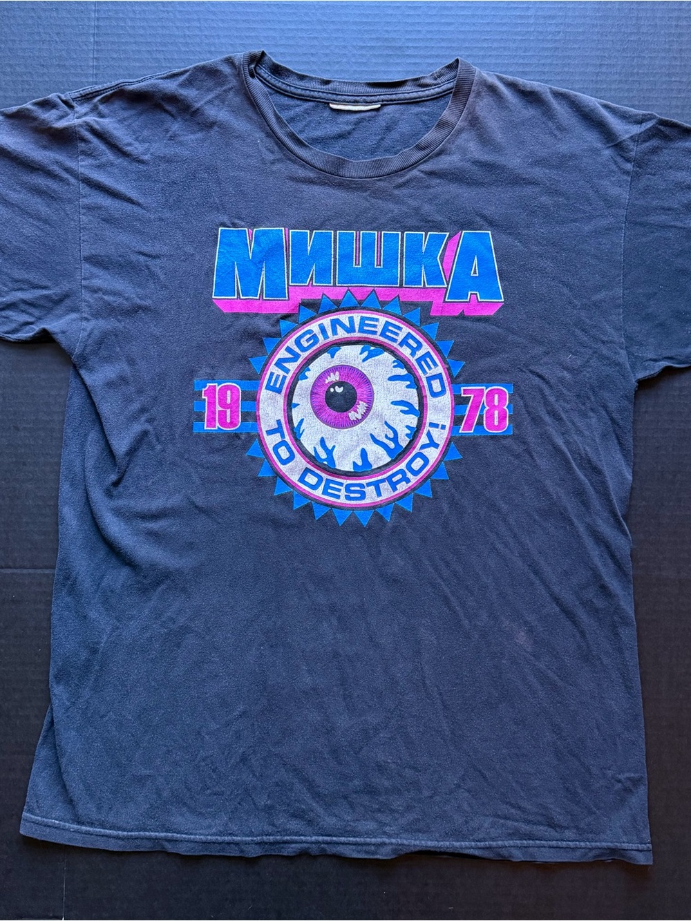 Vintage Mishka Navy Graphic Tee with Pink & Blue Eye Logo 1978